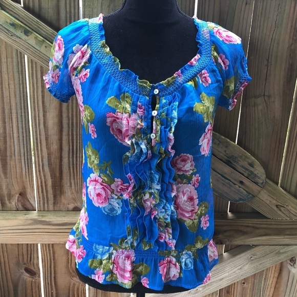 Abercrombie & Fitch Blue Floral Short Sleeve Peplum Blouse - Picture 1 of 4